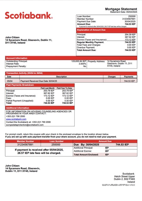 Download Ireland Scotiabank mortgage statement Word and PDF template Photoshop template